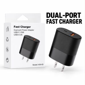 Fast Charger Dual Port Power Adapter USB-C 15W USB-A 3A (Black)