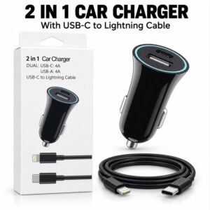 2 IN 1 Car Charger Dual (USB-C) (USB-A) + USB-C TO Lightning Cable (BLACK)