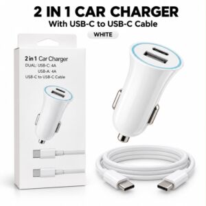 2 IN 1 Fast Car Charger Dual (USB-C 25W) (USB-A) + USB-C TO USB-C Fast Cable - White