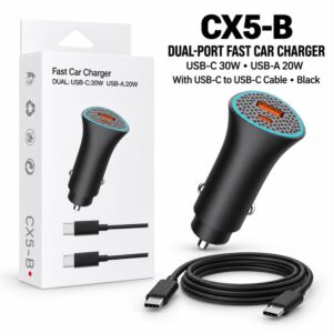 Fast Car Charger Dual USB-C 30W USB-A 20W USB-C Cable (Black)