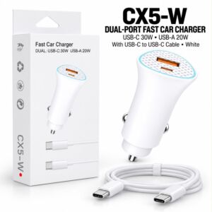Fast Car Charger Dual USB-C 30W USB-A 20W USB-C Cable (White)