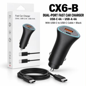 Fast Car Charger Dual USB-C 4A USB-A 4A USB-C Cable (Black)