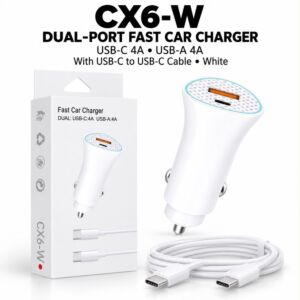 Fast Car Charger Dual USB-C 4A USB-A 4A USB-C Cable (White)