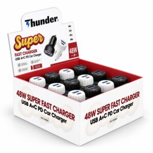 USB-C+USB-A CAR ADAPTER (48W Super Charger) 12PC WHITE & BLACK /DISPLAY BOX