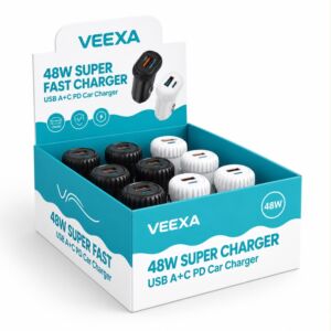 Veexa 48W Super Charger Usb-C+Usb-A Car Adapter (12PC) White & Black /Display Box