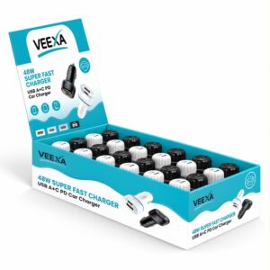 Veexa 48W Super Fast Charger Usb-C+Usb-A Car Adapter (24PC) White & Black /Display Box