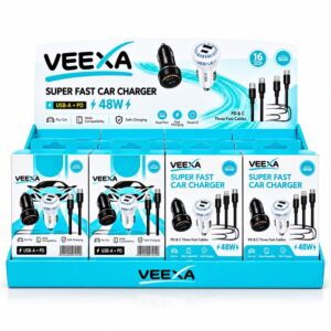 VEEXA DISPLAY BOX 48W SUPER FAST CAR CHARGER WITH SUPER FAST WOVEN PD 35W & CC 60W CABLE 16 PCS
