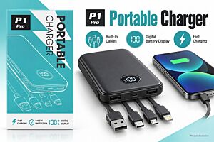 ⁠P1 Pro Portable Power Bank with Built-In Cables & Digital Display