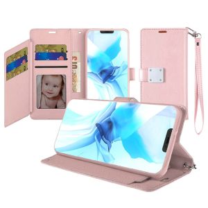 For iPhone 12 & iPhone 12 Pro (Open Camera Hole) Wallet ID Card Holder Case Cover - Rose Gold