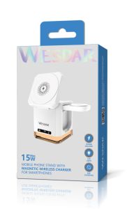 Wesdar 15w Wireless Charger 3 in 1 Phone Chargers Stand With LED Light - White